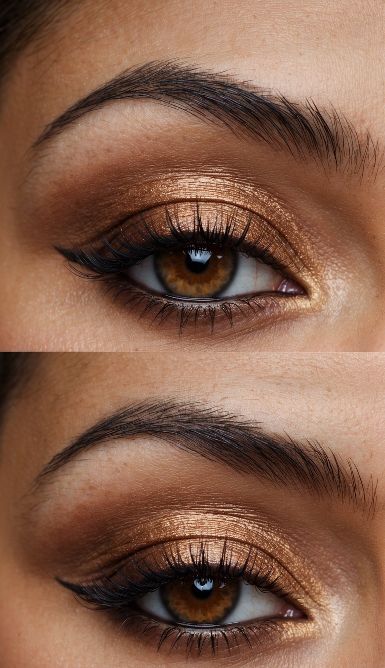 A close-up of an eyelid with a subtle copper touch, surrounded by smoky brown eyeshadow for warm, sultry vibes