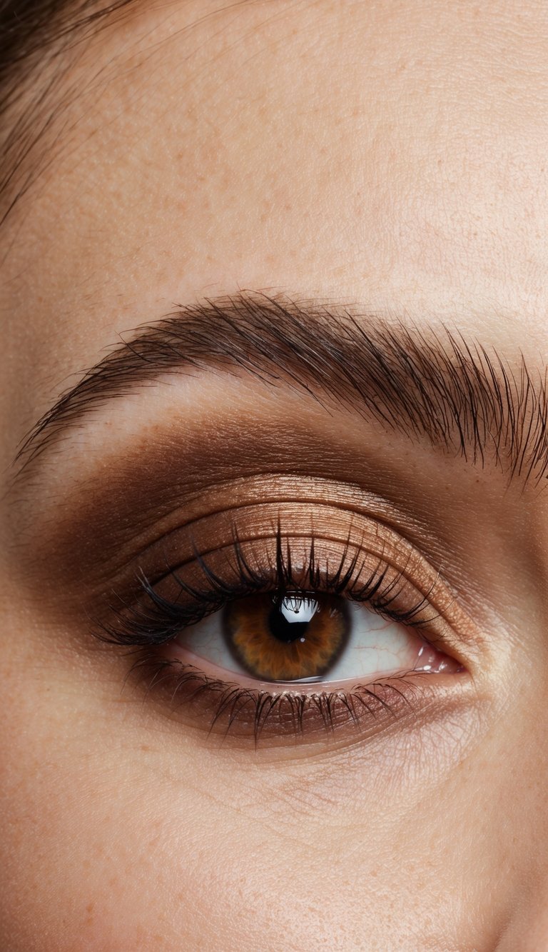 A close-up of an eye with layers of matte and satin brown eyeshadow, creating a warm and sultry smoky effect