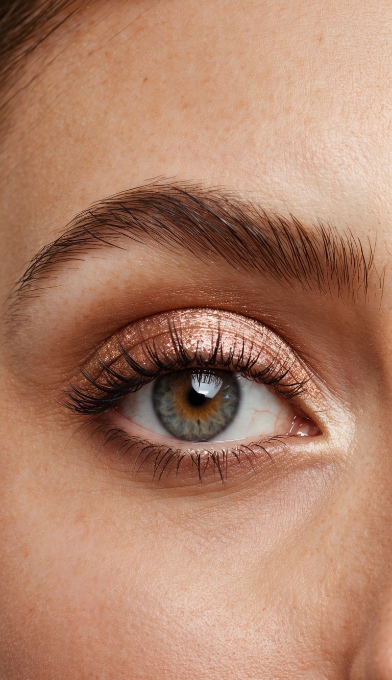 A close-up of an eyelid with a subtle rose gold shimmer, glowing with glamour