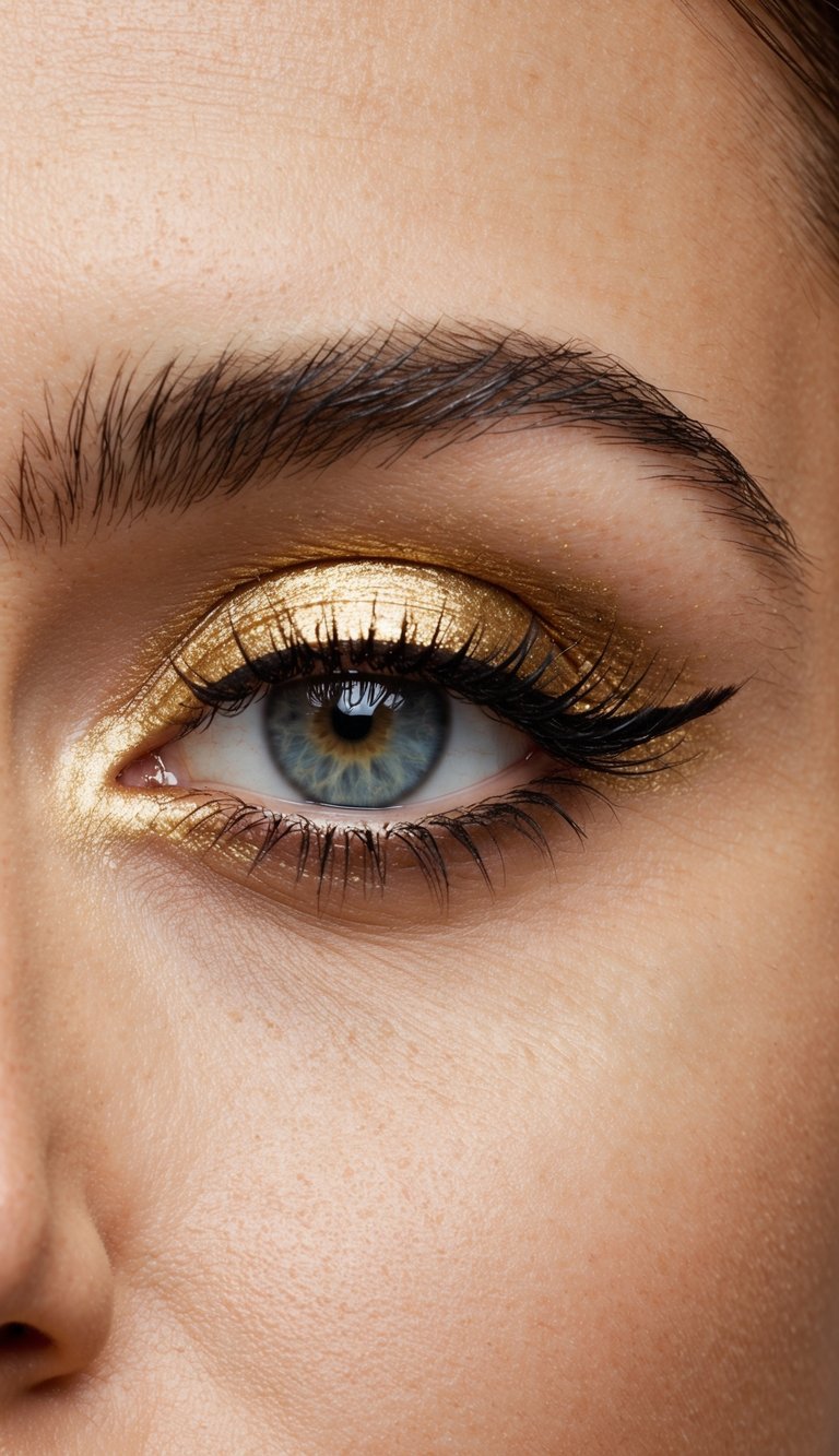 Metallic gold winged eyeliner on a dramatic, glowing eye