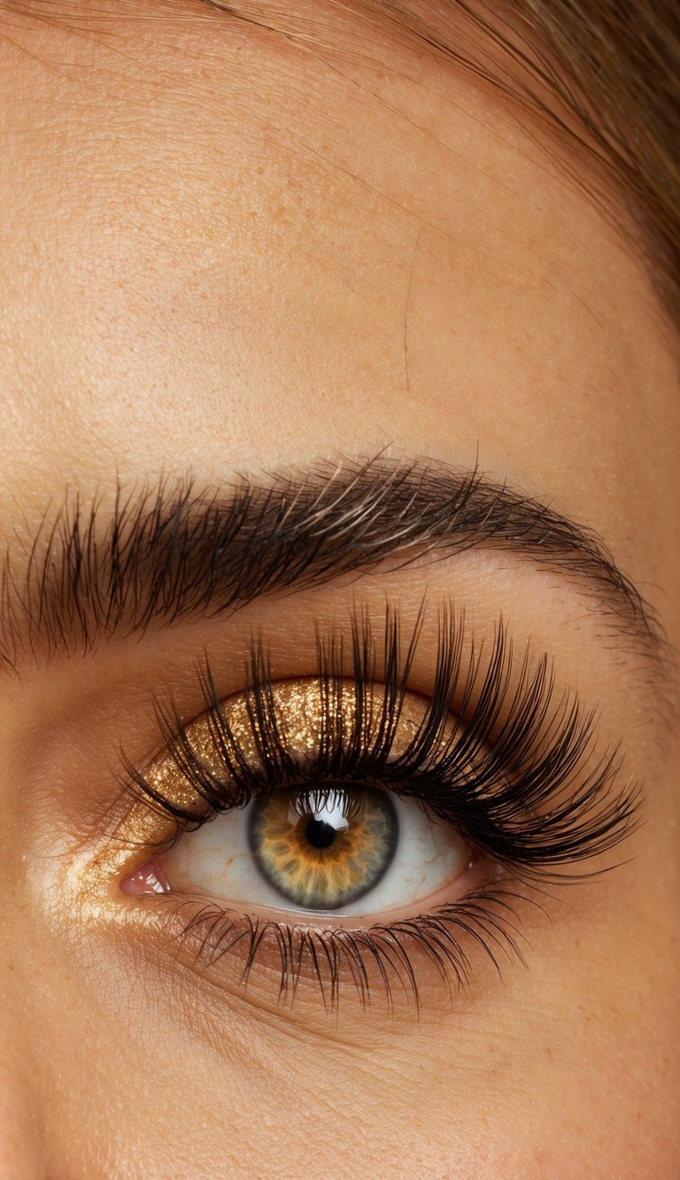 Golden light illuminates a pair of dramatic lash extensions, enhancing the shimmering eye makeup