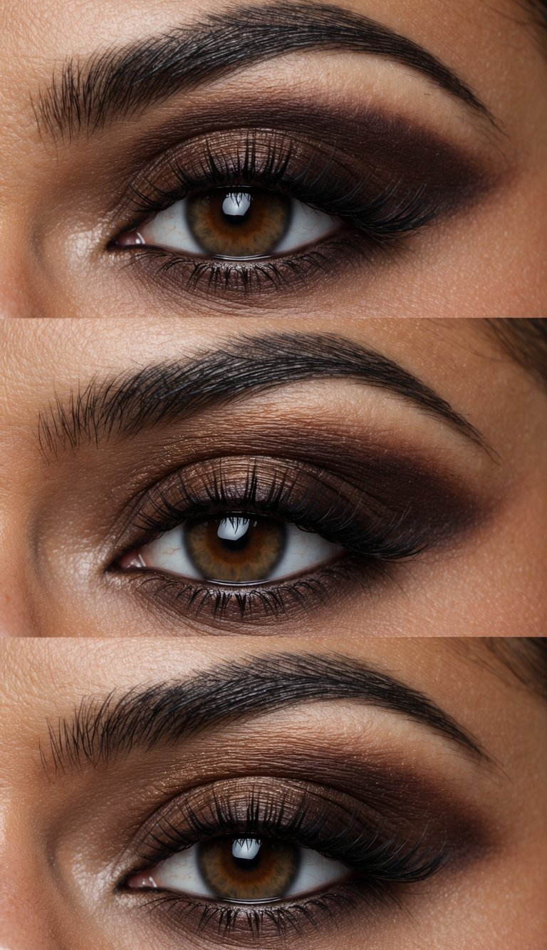 A close-up of a smoky brown eye makeup look, with warm, sultry vibes, featuring deep shades for an evening look