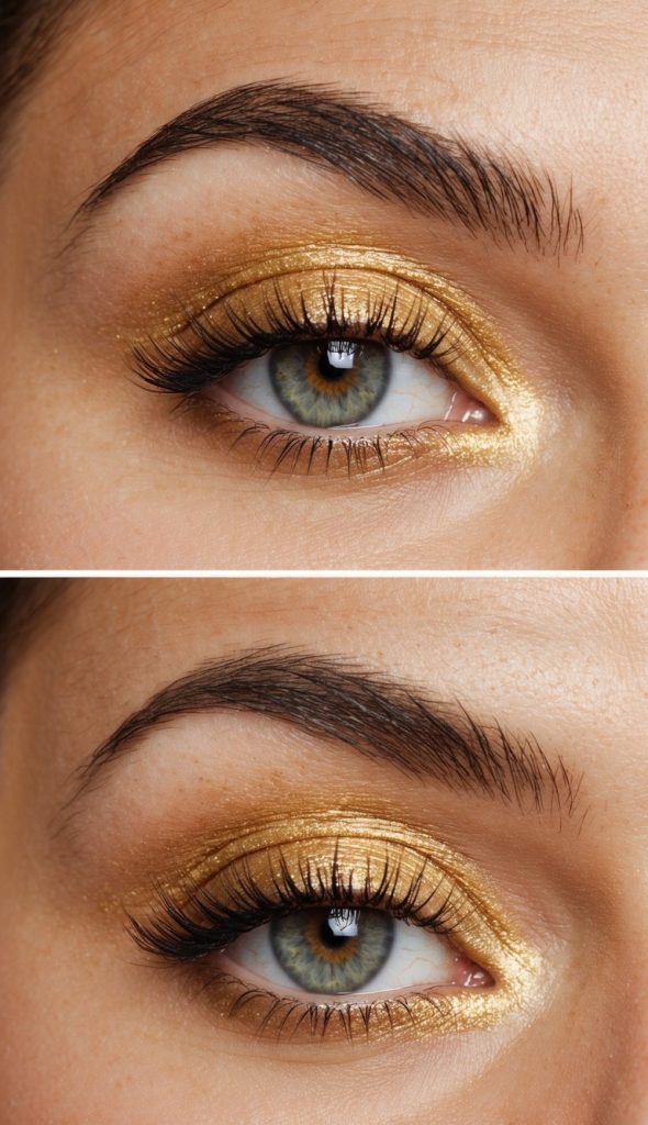 Two close-up images of an eye with blue iris, highlighted with shimmering gold eye shadow, and well-defined eyelashes and eyebrow.