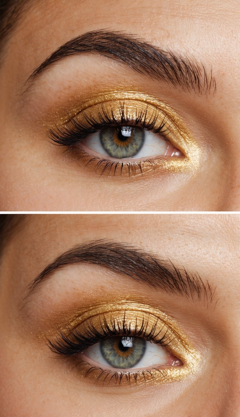 A close-up of a bright gold eye with shimmering makeup