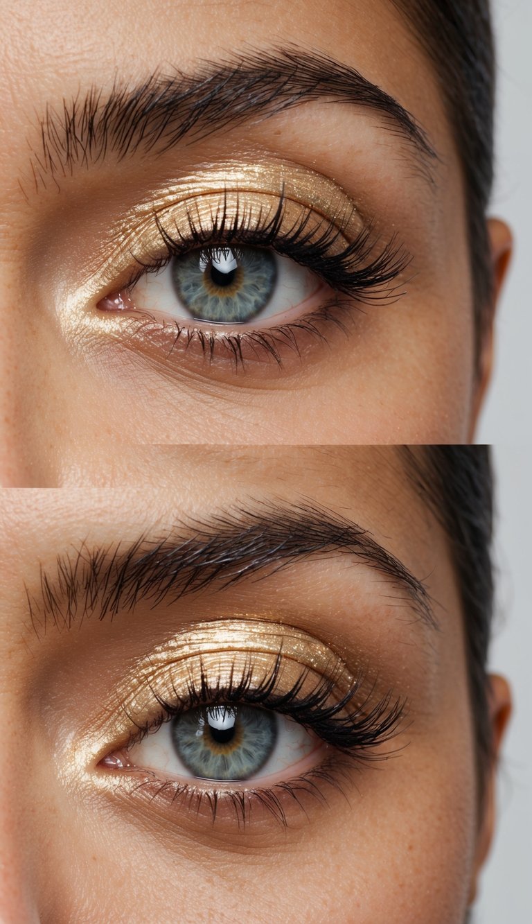 A close-up of an eye with pearlized gold highlight shimmering under the brow bone