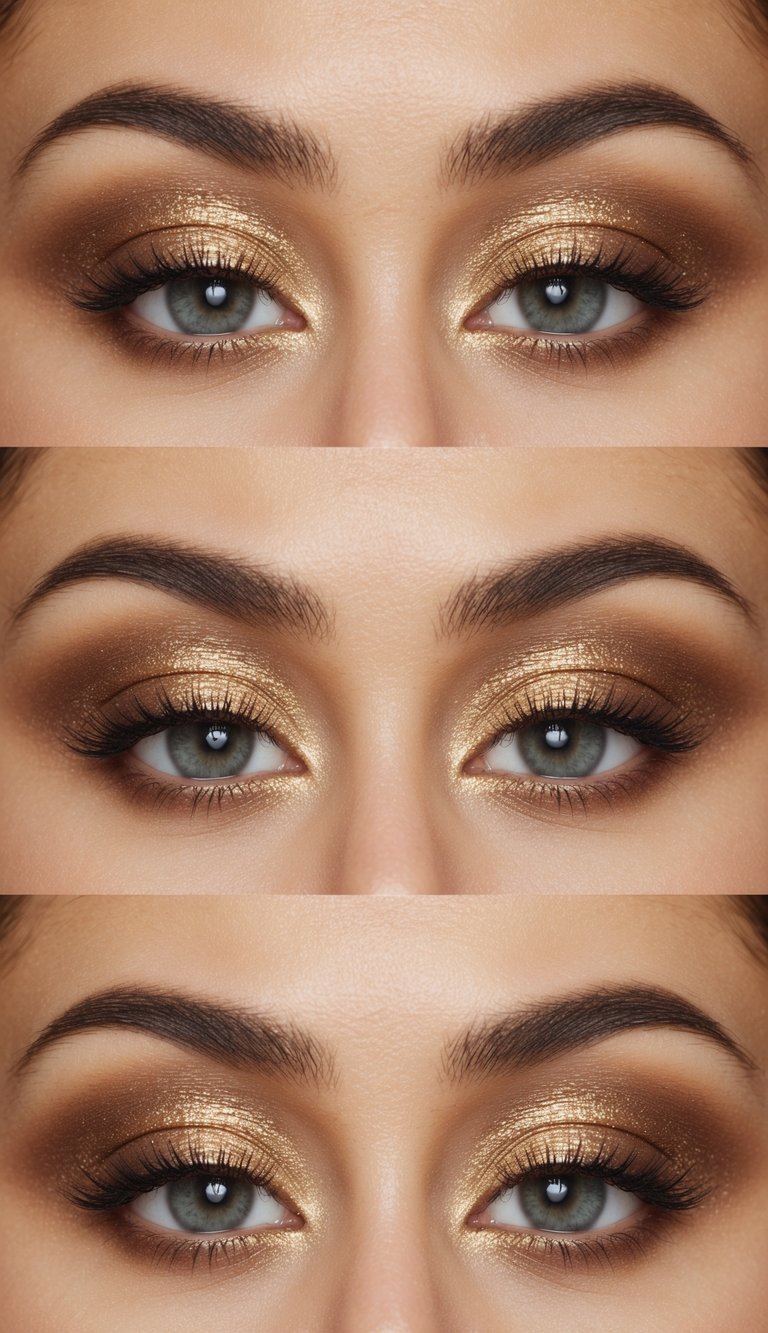 A close-up of golden taupe eyeshadow palette with shimmering highlights