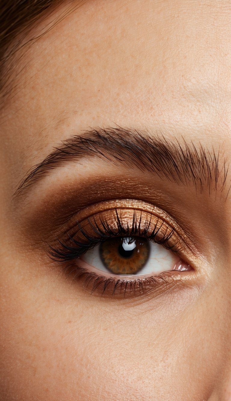 A close-up of an eyelid with a satin bronze shadow just above the lash line, creating a warm and sultry smoky brown eye makeup look
