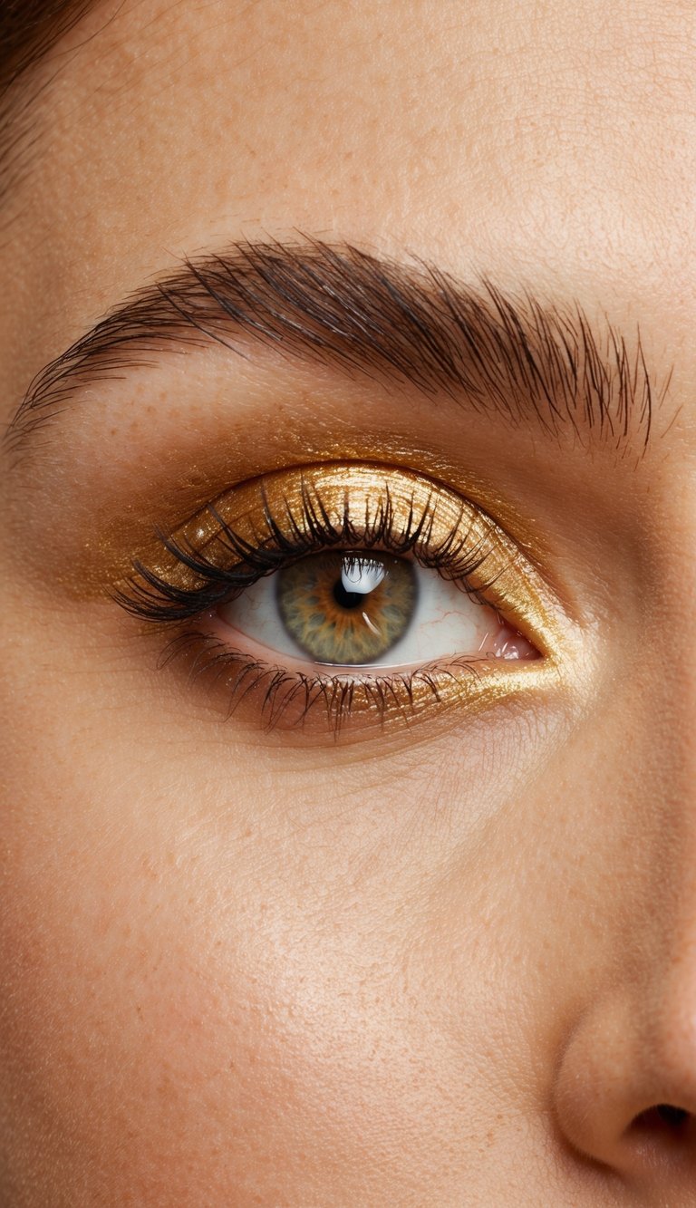 A close-up of a single eyelid with sun-kissed gold eyeshadow, shimmering and glowing with glamour
