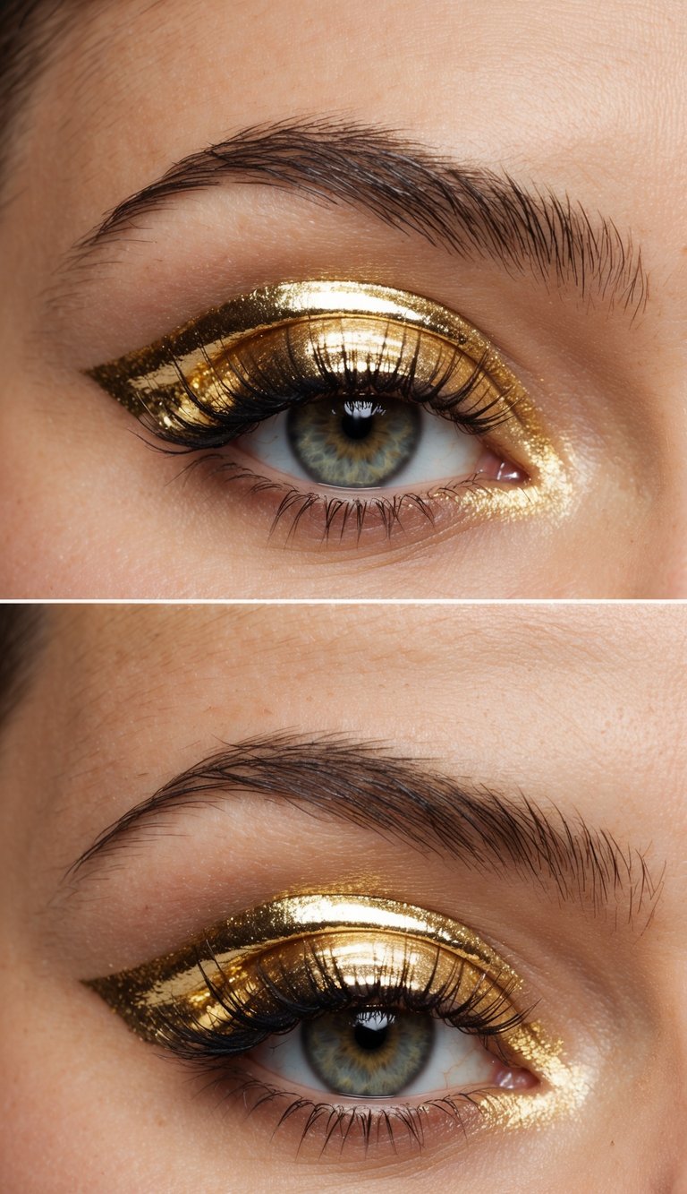 A close-up of a single eyelid adorned with shiny gold foil, catching the light and glowing with glamour
