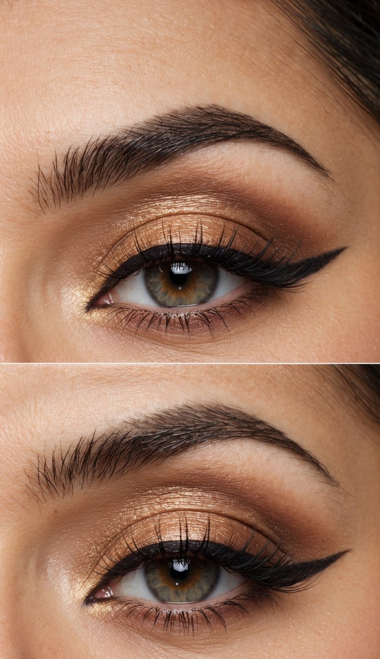 Warm-toned eyeshadow palette with a smudged brown eyeliner on the waterline, creating a sultry, smoky eye look