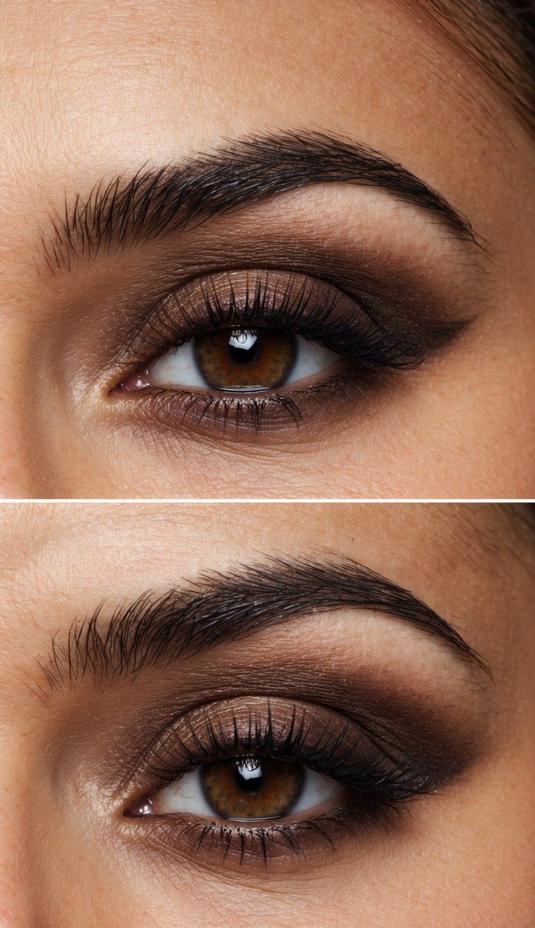 A close-up of a sultry eye with deep walnut brown eyeshadow, creating a smoky and warm vibe