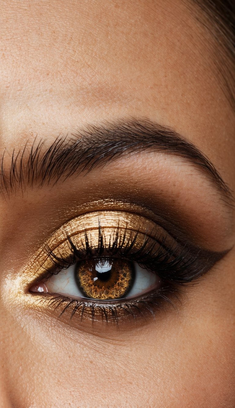 A close-up of a shimmering gold and espresso smokey eye makeup look with dramatic and glamorous lighting