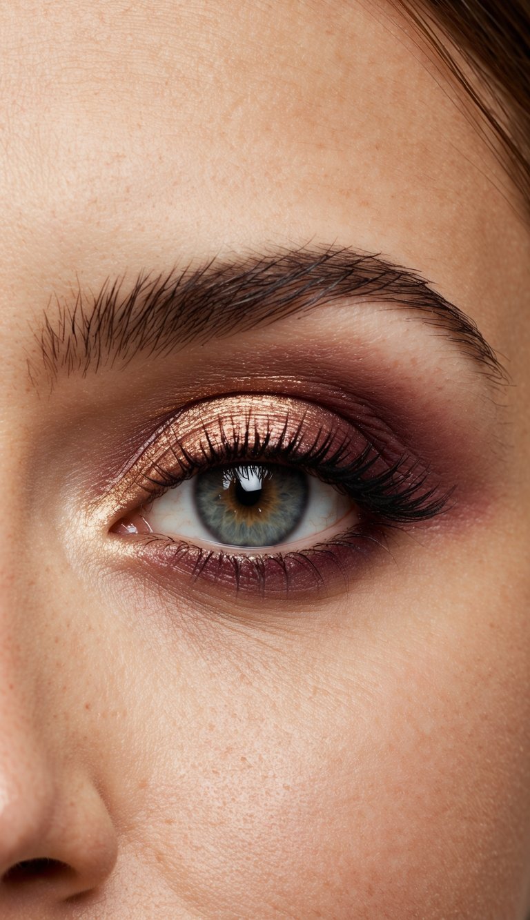 A close-up of an eye with rose gold eyeshadow and a deep plum crease, glowing with glamour