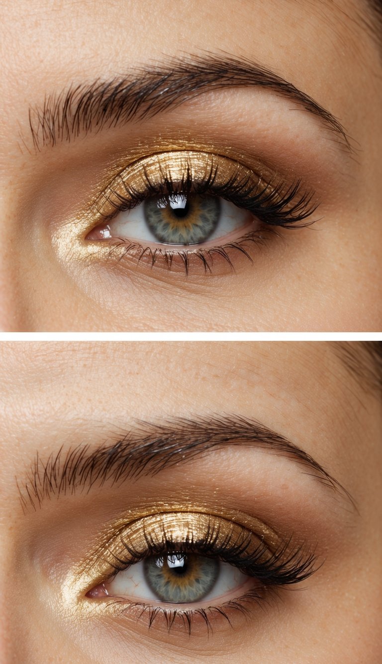 A close-up of a single eyelid with metallic gold eyeshadow, catching the light and shimmering with glamour