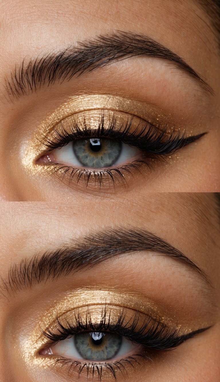 Soft gold base with bronze liner, shimmering and glowing in the light, creating a glamorous and radiant eye makeup look