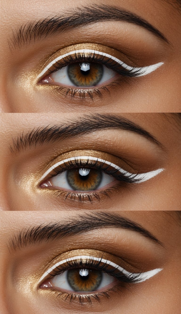 A warm gold eyeshadow lid with a precise white eyeliner line