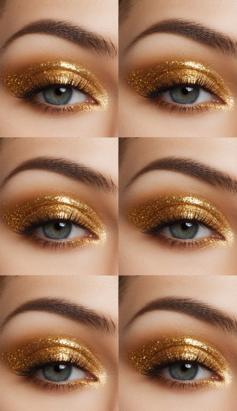Golden glittery eyeshadow on closed eyelids, shimmering with glamour