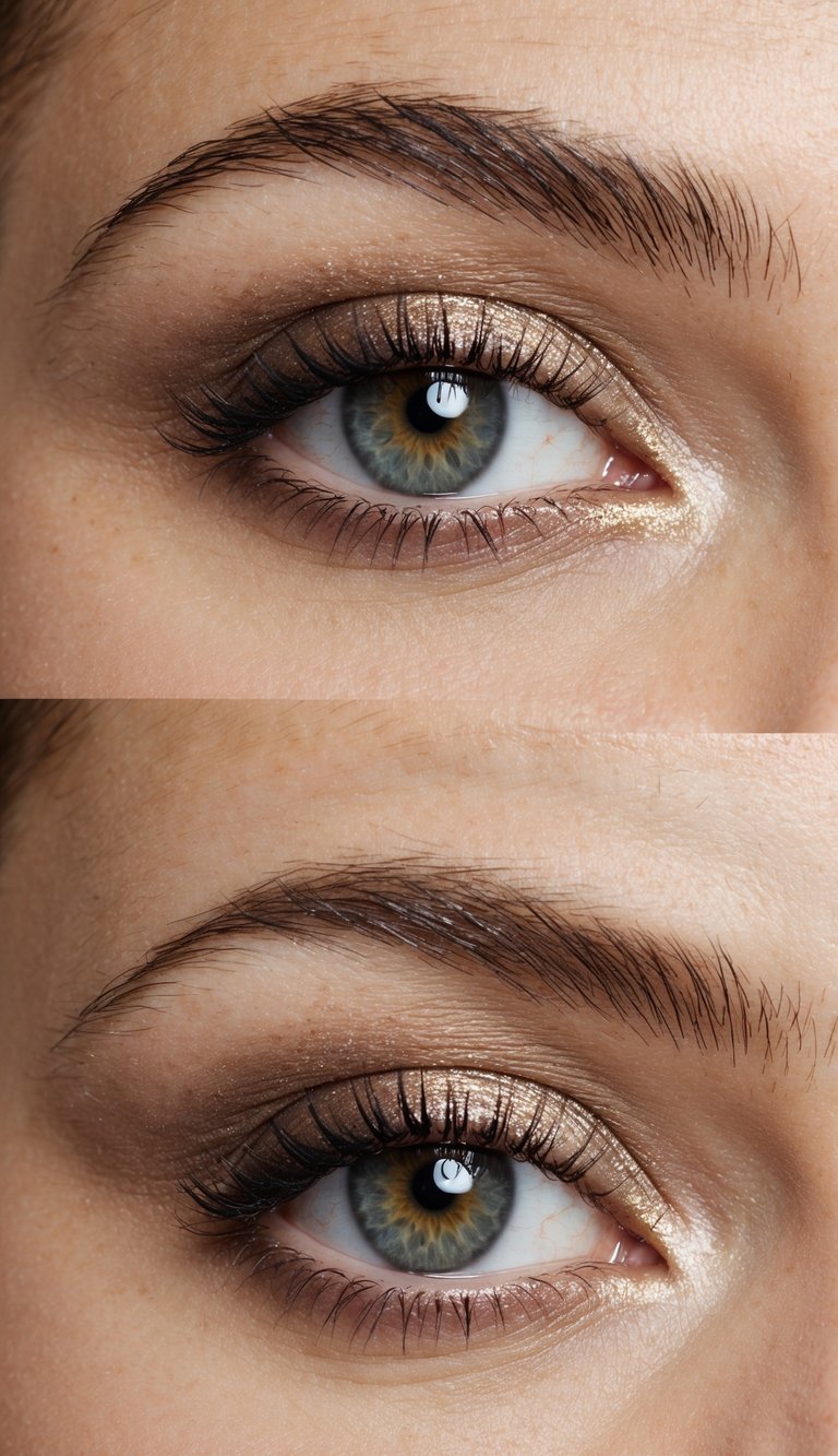 Shimmer eyeshadow applied to inner corners of hooded eye