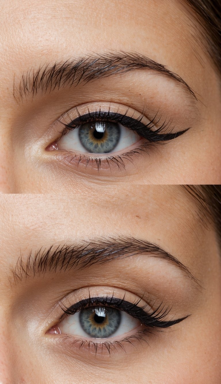 A close-up of a model's eye with a thin winged eyeliner, showcasing the elongating effect