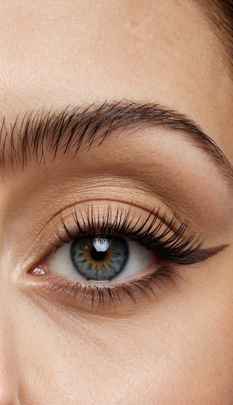 A close-up of an eye with buff eyeshadow blended towards the brow bone to create a lifted and defined look