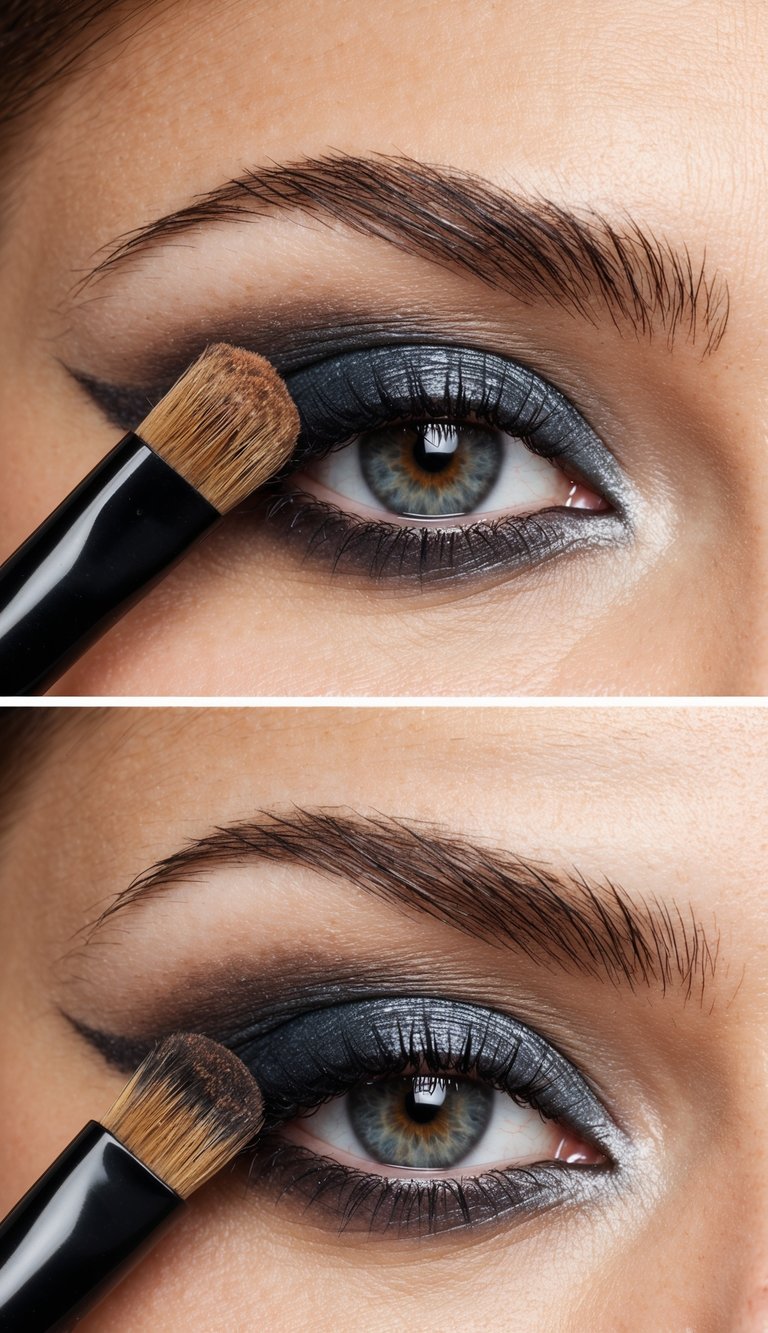 An eyeshadow brush blending different shades to soften harsh lines on a hooded eye
