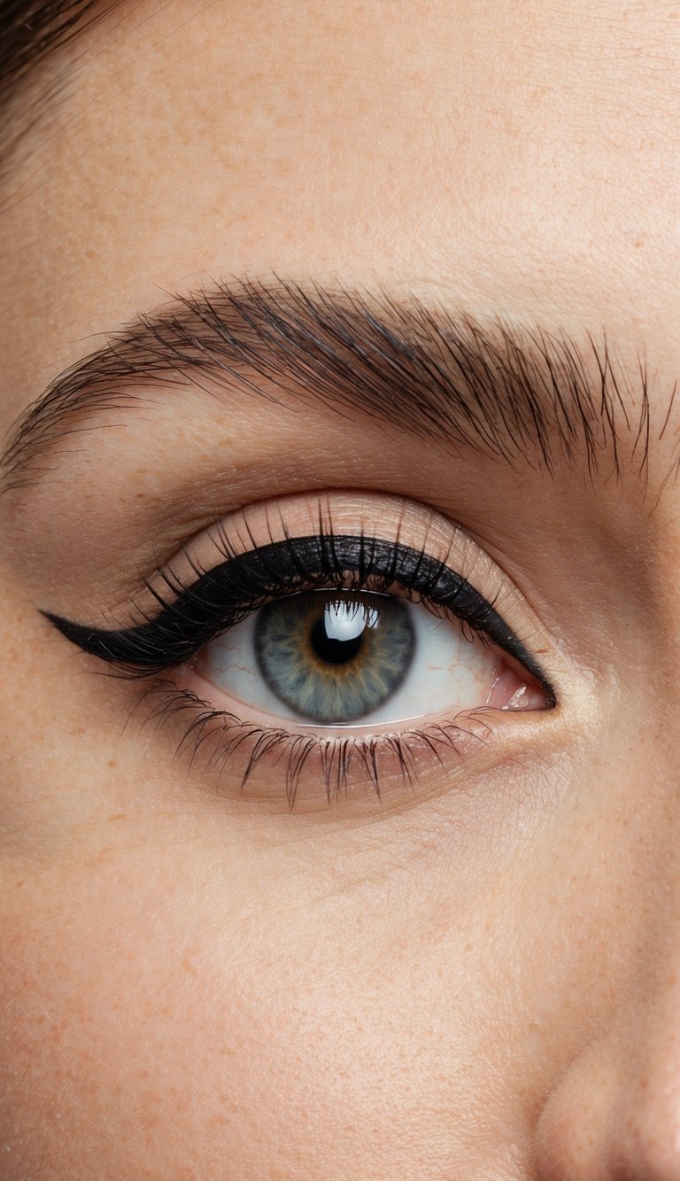 A close-up of a hooded eye with perfectly applied waterproof eyeliner, enhancing and defining the eye shape