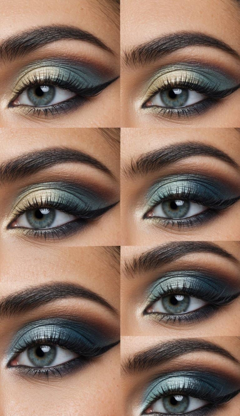 Eyeshadow palette with gradient colors arranged from light to dark, alongside almond-shaped eye outlines