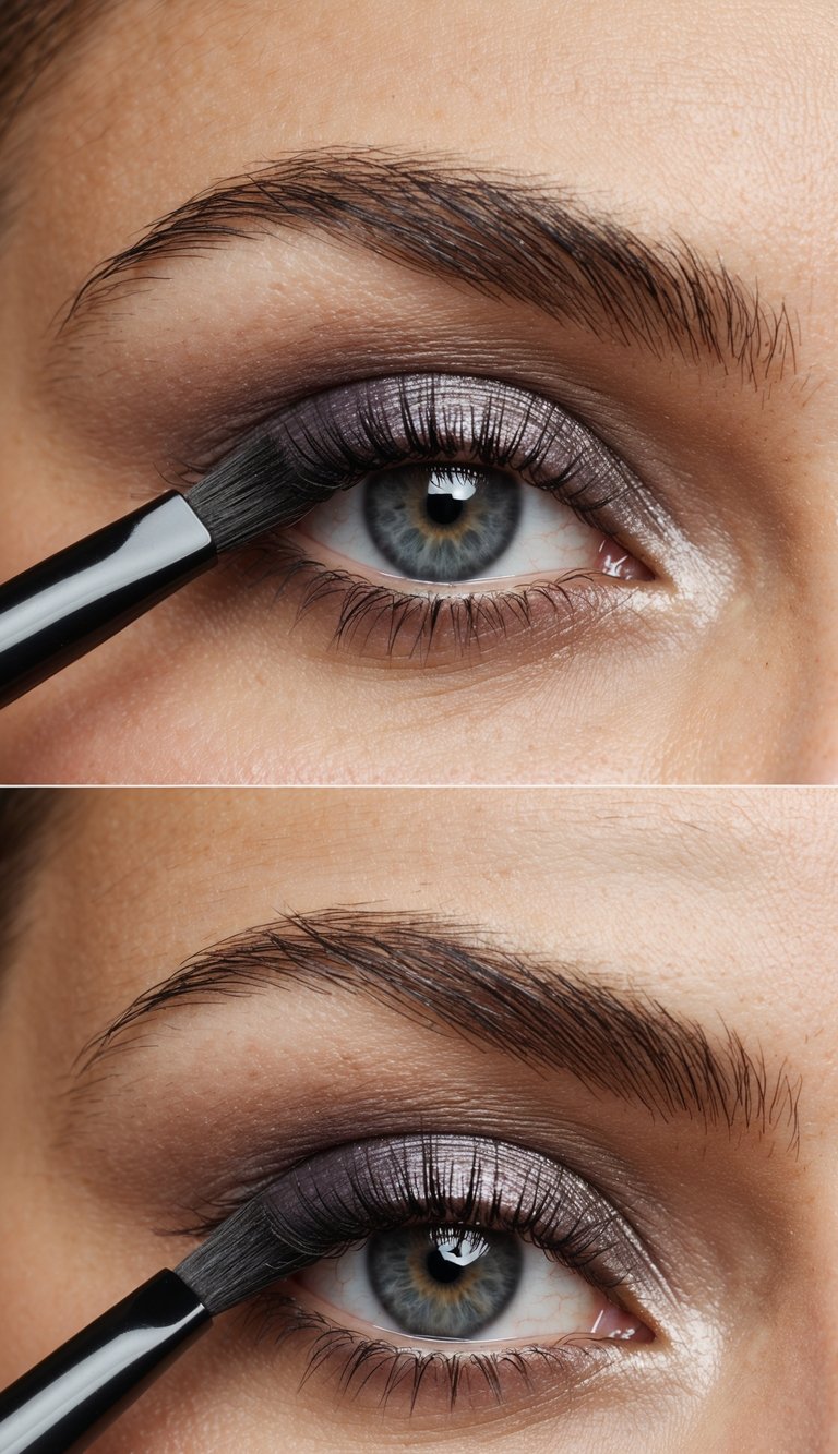 A small angled brush applies eyeshadow to a hooded eyelid with precision