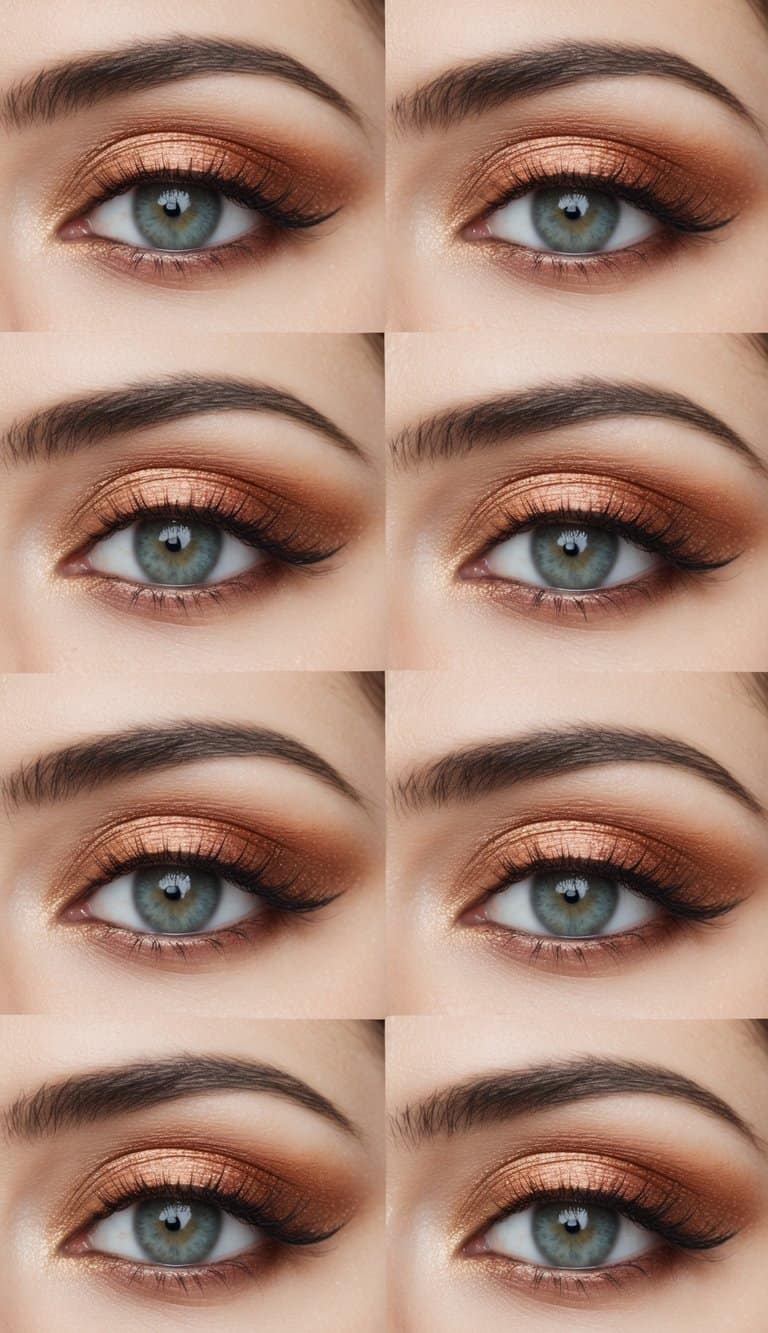 A close-up of almond-shaped eyes with copper-toned eyeshadow highlighting the eye shape, surrounded by various styles of makeup to complement the classic shape