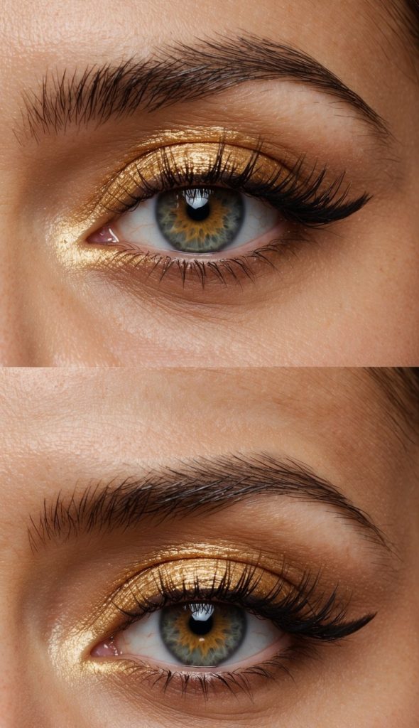 Close-up of an eye with green-blue iris and dramatic eyelashes, featuring shimmering gold eyeshadow and well-groomed eyebrows.