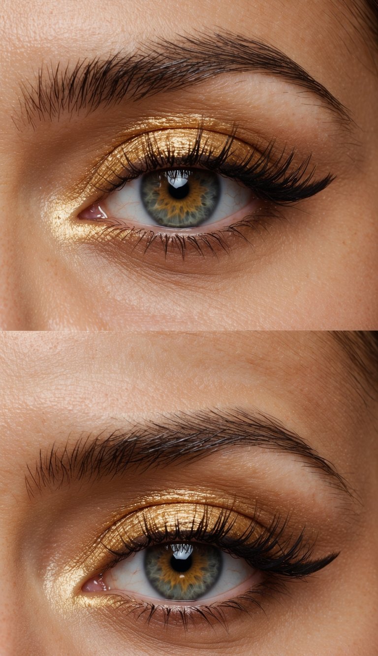 Close-up of an eye with green-blue iris and dramatic eyelashes, featuring shimmering gold eyeshadow and well-groomed eyebrows.