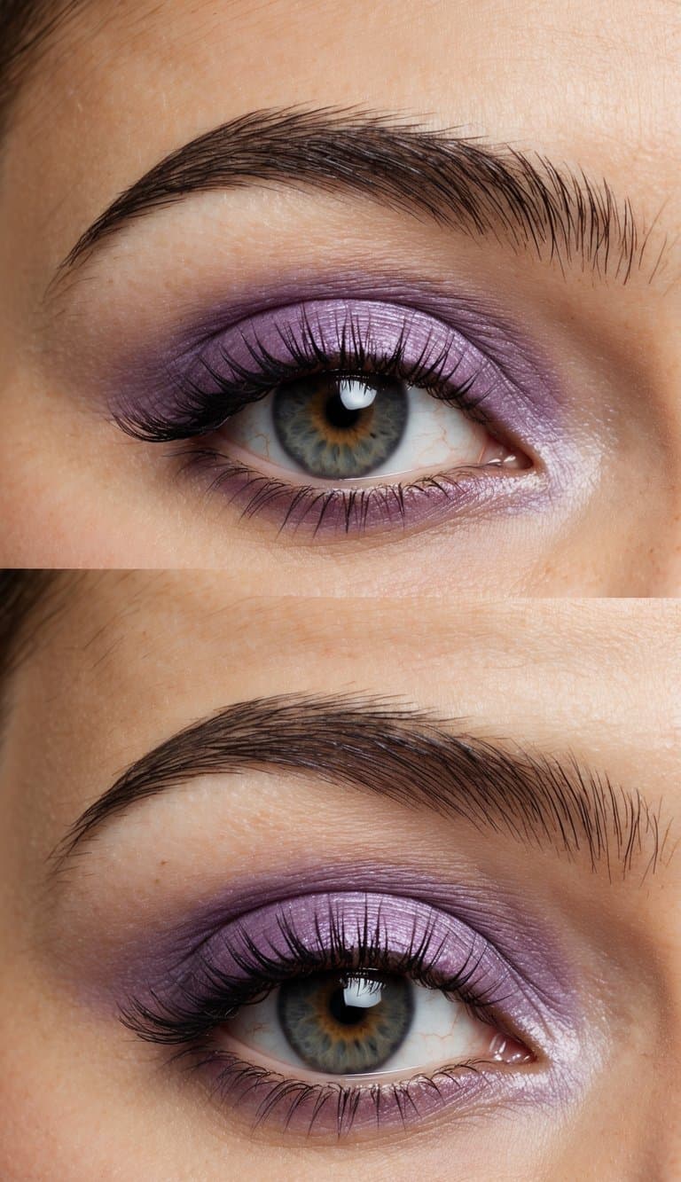 Soft purple shadow delicately applied to almond-shaped eyes. Classic and elegant makeup style