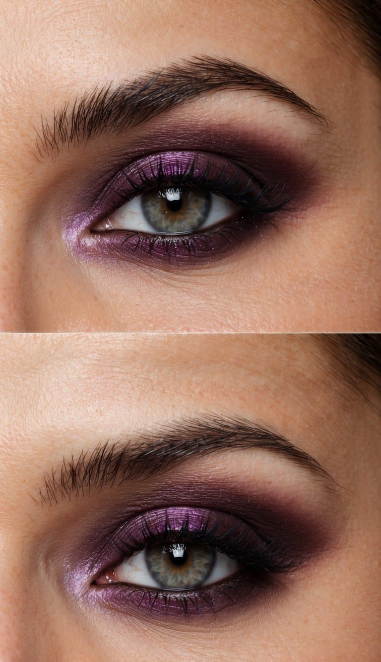 A close-up of an almond-shaped eye with a deep plum smokey eye makeup look, perfect for an evening out