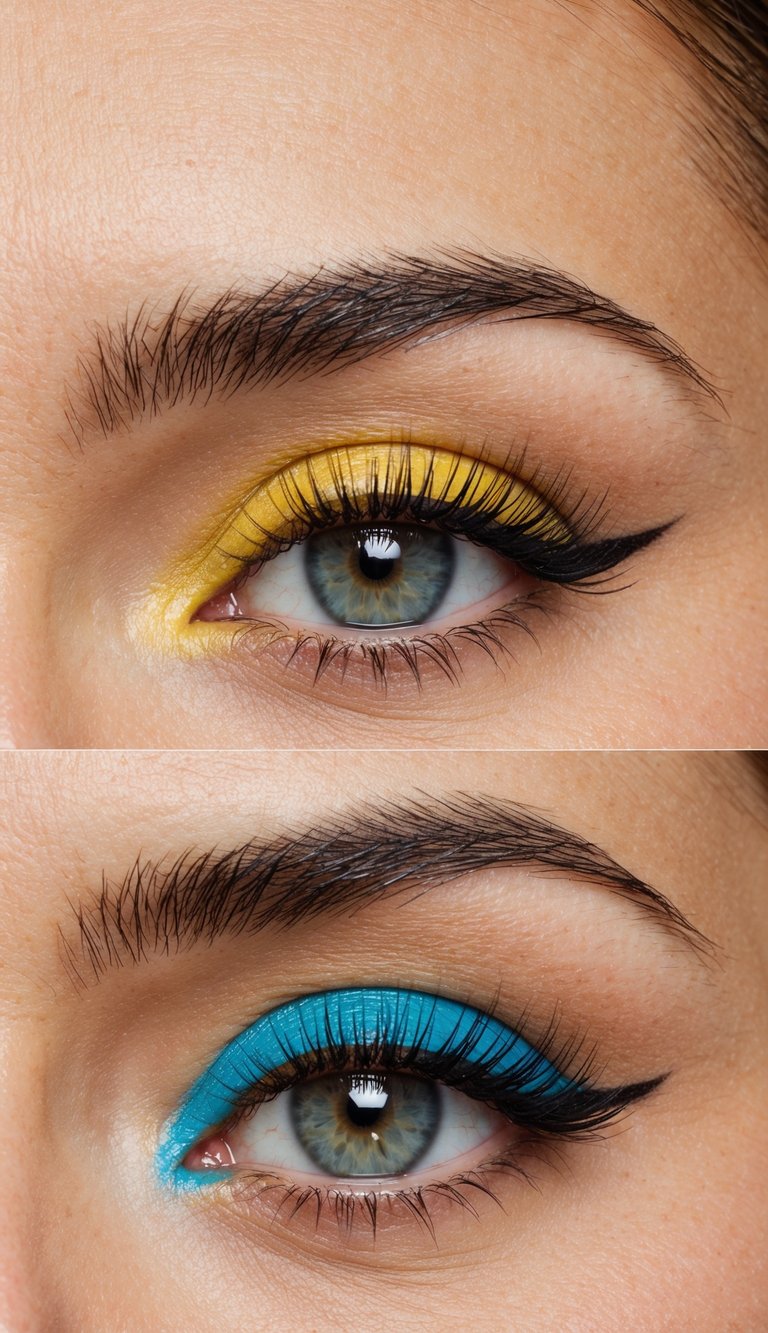 A close-up of a hooded eye with a pop of bright color in the inner corner