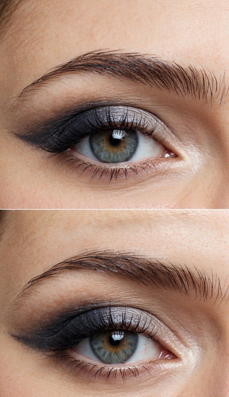 A close-up of an eyelid with carefully placed light and dark eyeshadow to enhance and define the hooded eye shape