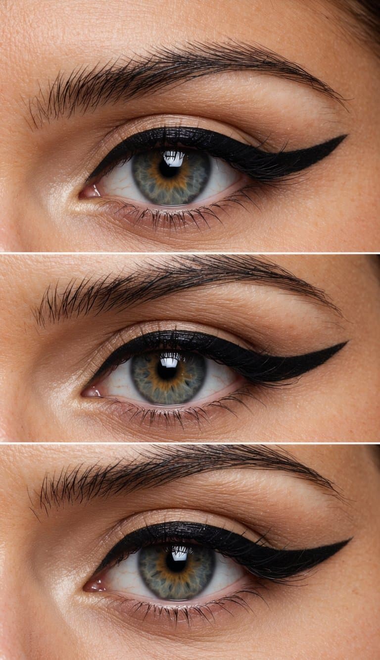 A close-up of almond-shaped eyes with sharp, black winged liner