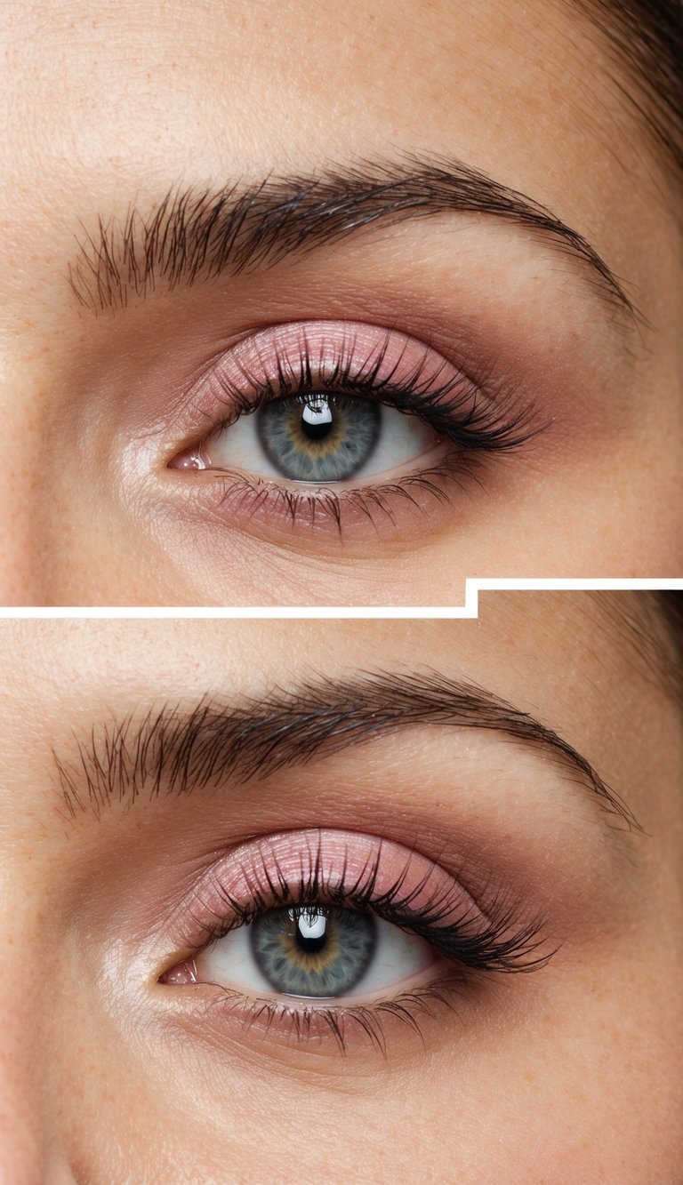 A close-up of a hooded eyelid with a soft pink shade on the lid for a gentle and feminine look