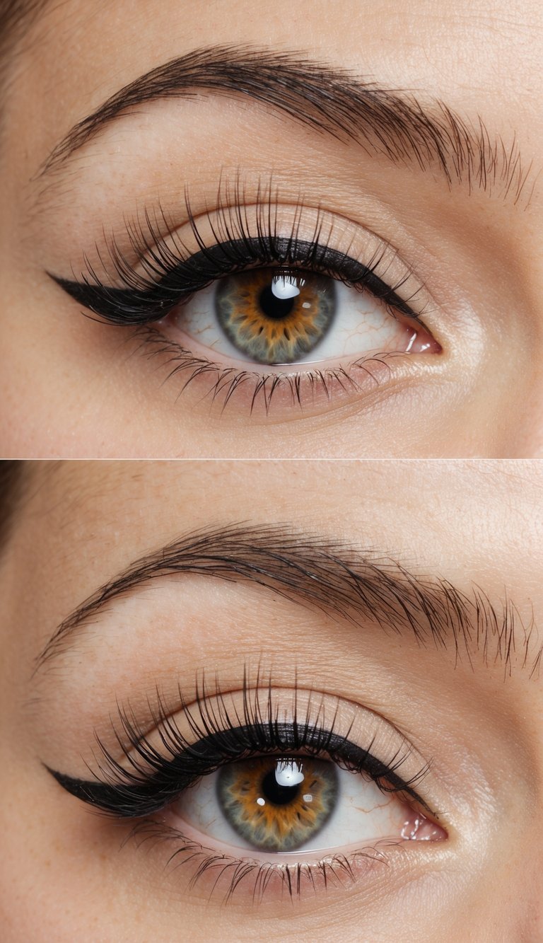 An eye with tightlined upper waterline, enhanced lashes