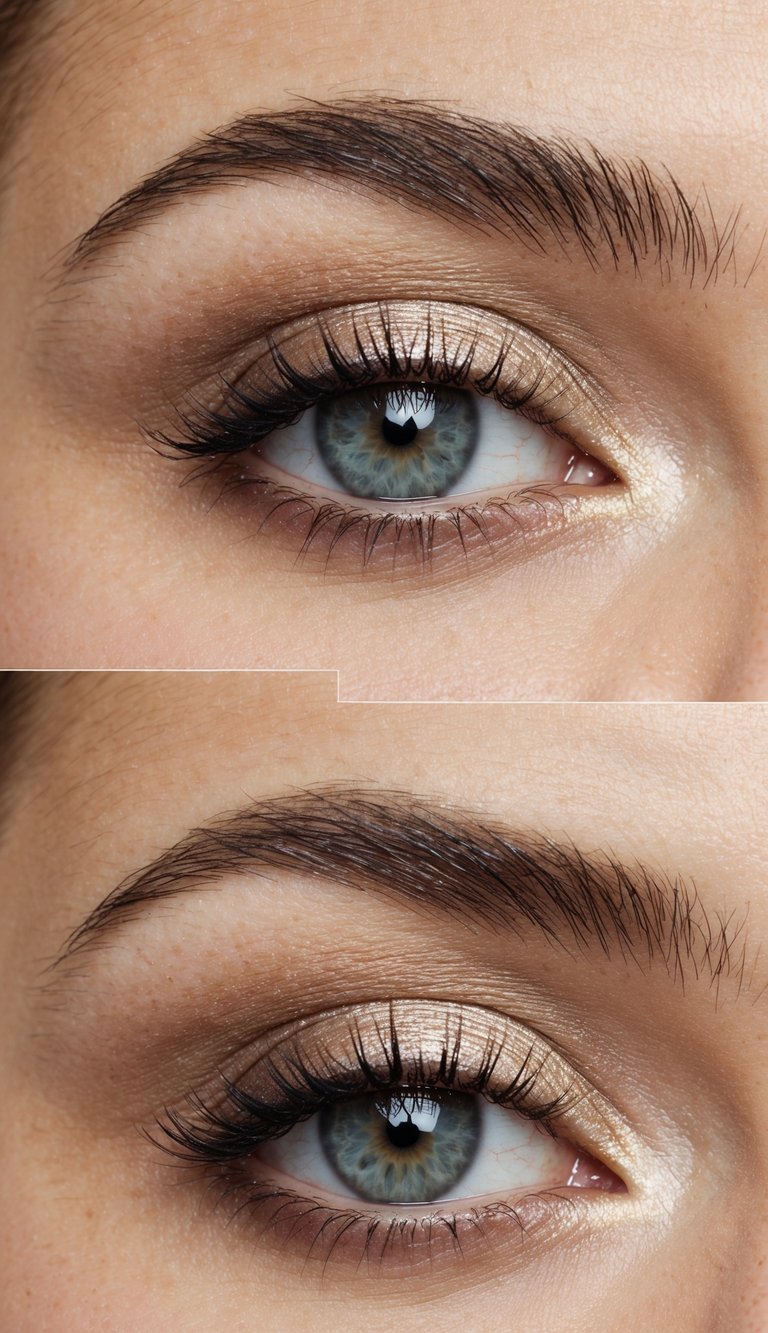 A close-up of a pair of hooded eyes with light-reflecting eyeshadows, creating a subtle shimmer effect