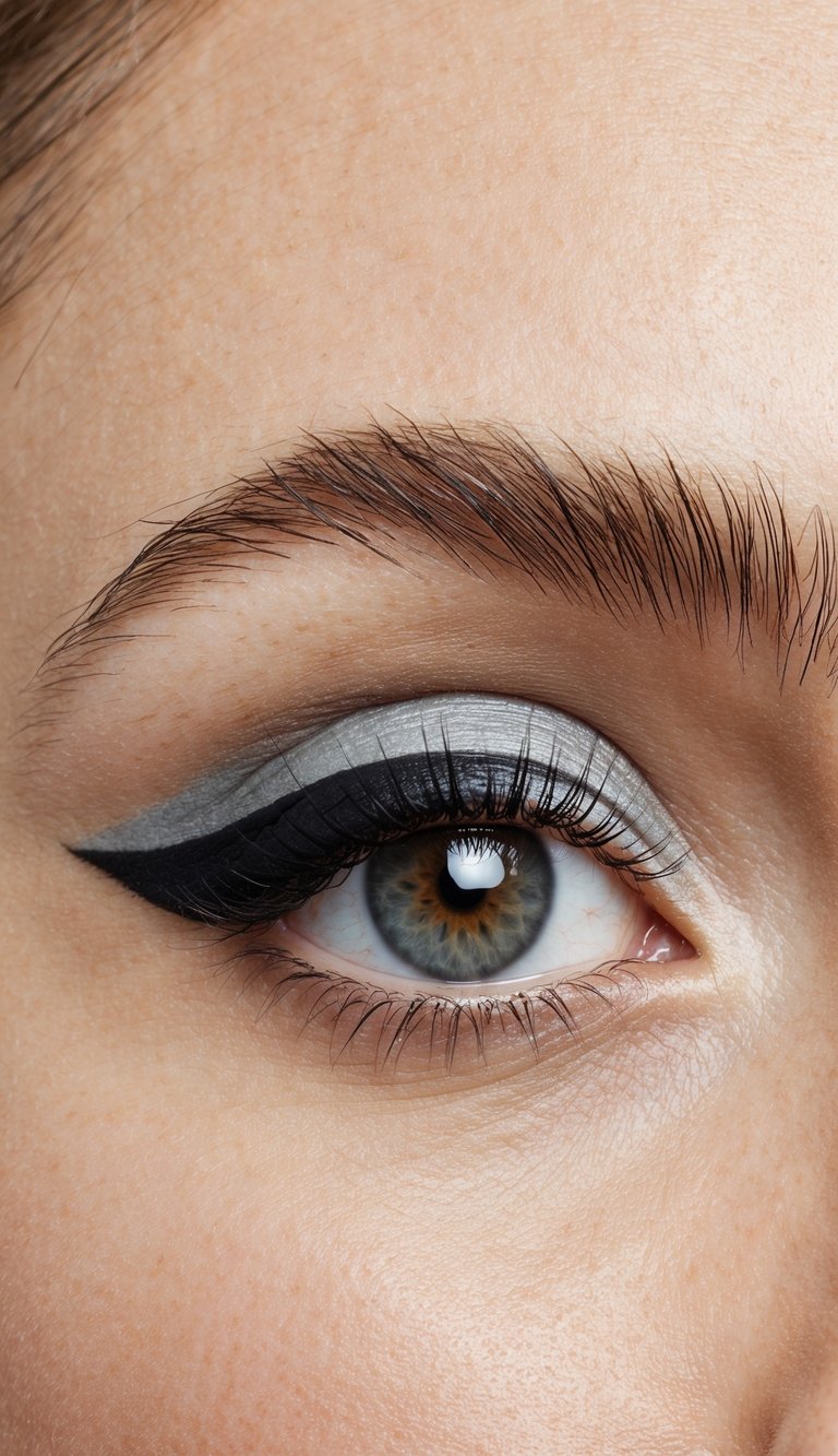 A close-up of an eyelid with a gradient eyeliner from dark to light gray on the upper lash line