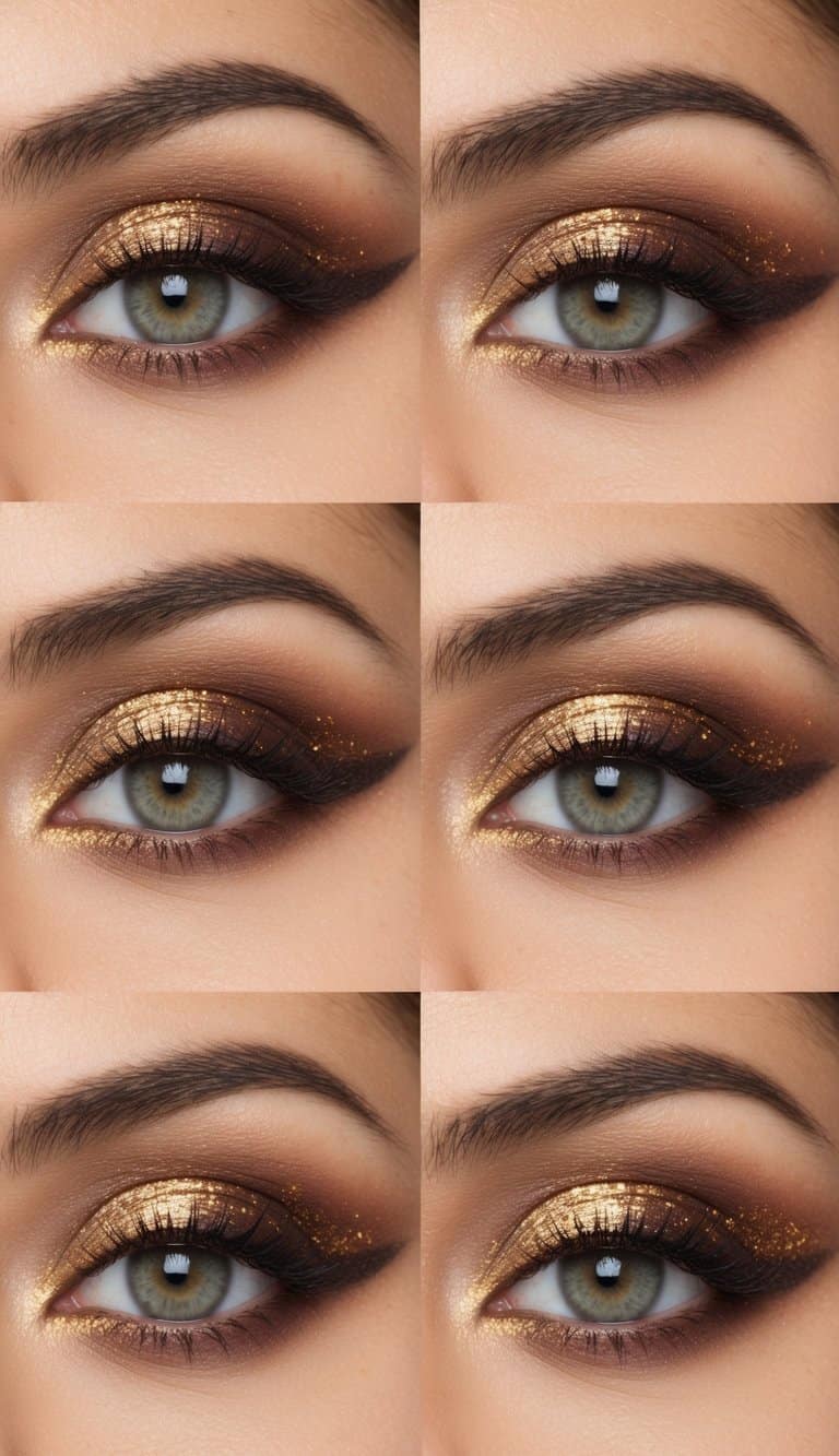 A close-up of almond-shaped eyes with gradient brown and gold flake eye makeup, showcasing 50 different styles