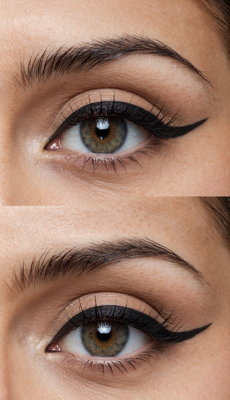 A close-up of a hooded eye with winged eyeliner in matte black or dark brown, enhancing and defining the eye shape