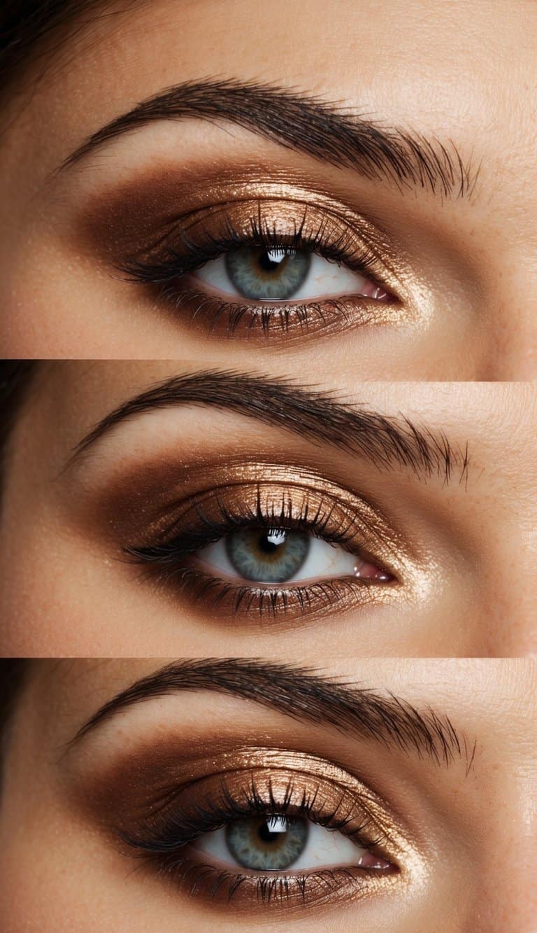 A metallic bronze eye makeup look on an almond-shaped eye, with classic styling