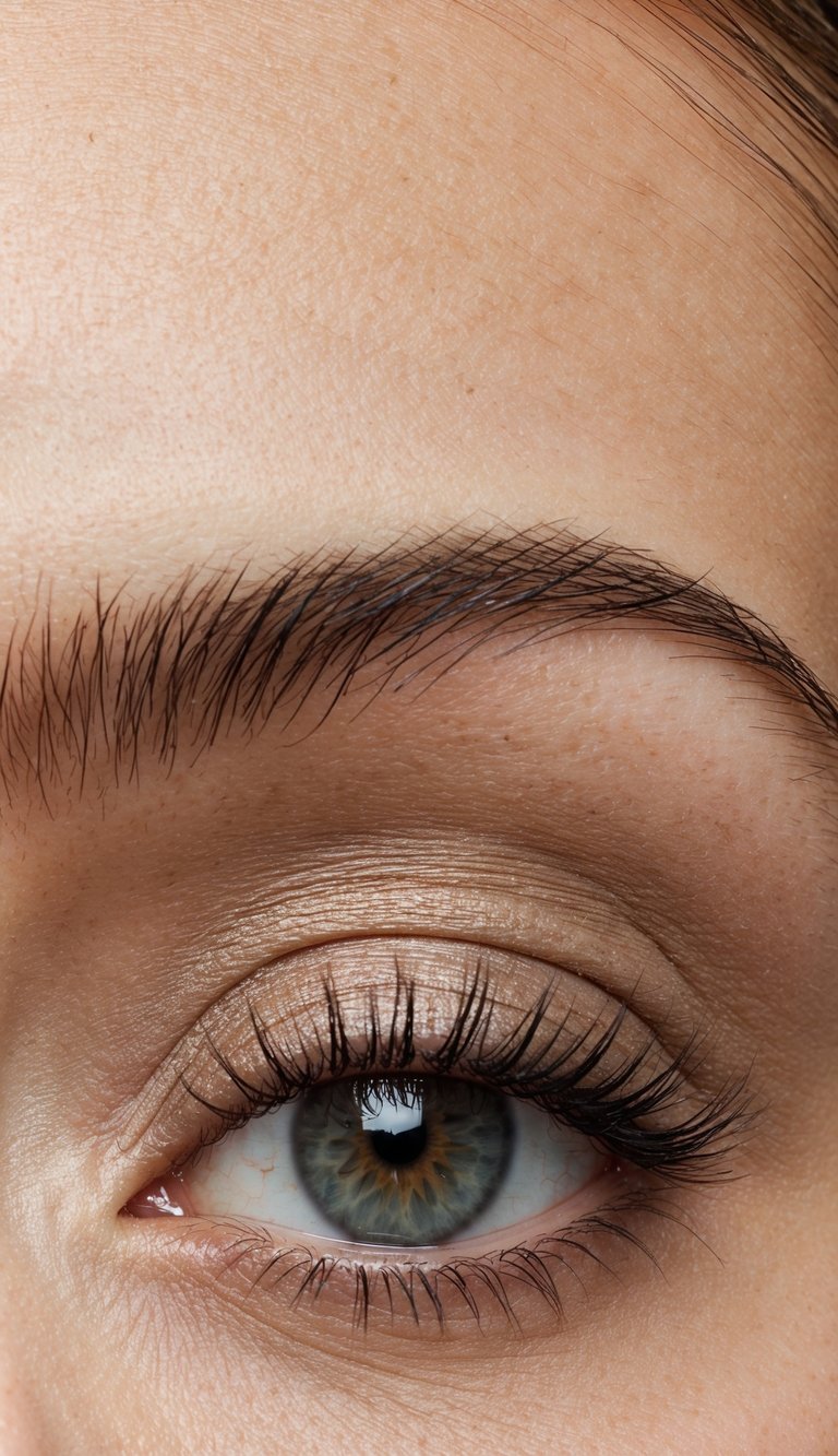 A close-up of a hooded eye with a soft taupe eyeshadow in the crease for subtle definition