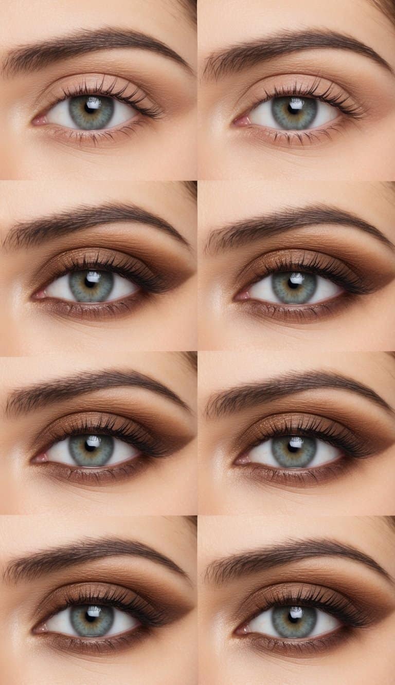 A light beige base with a brown crease eye makeup look, showcasing almond-shaped eyes in a classic style
