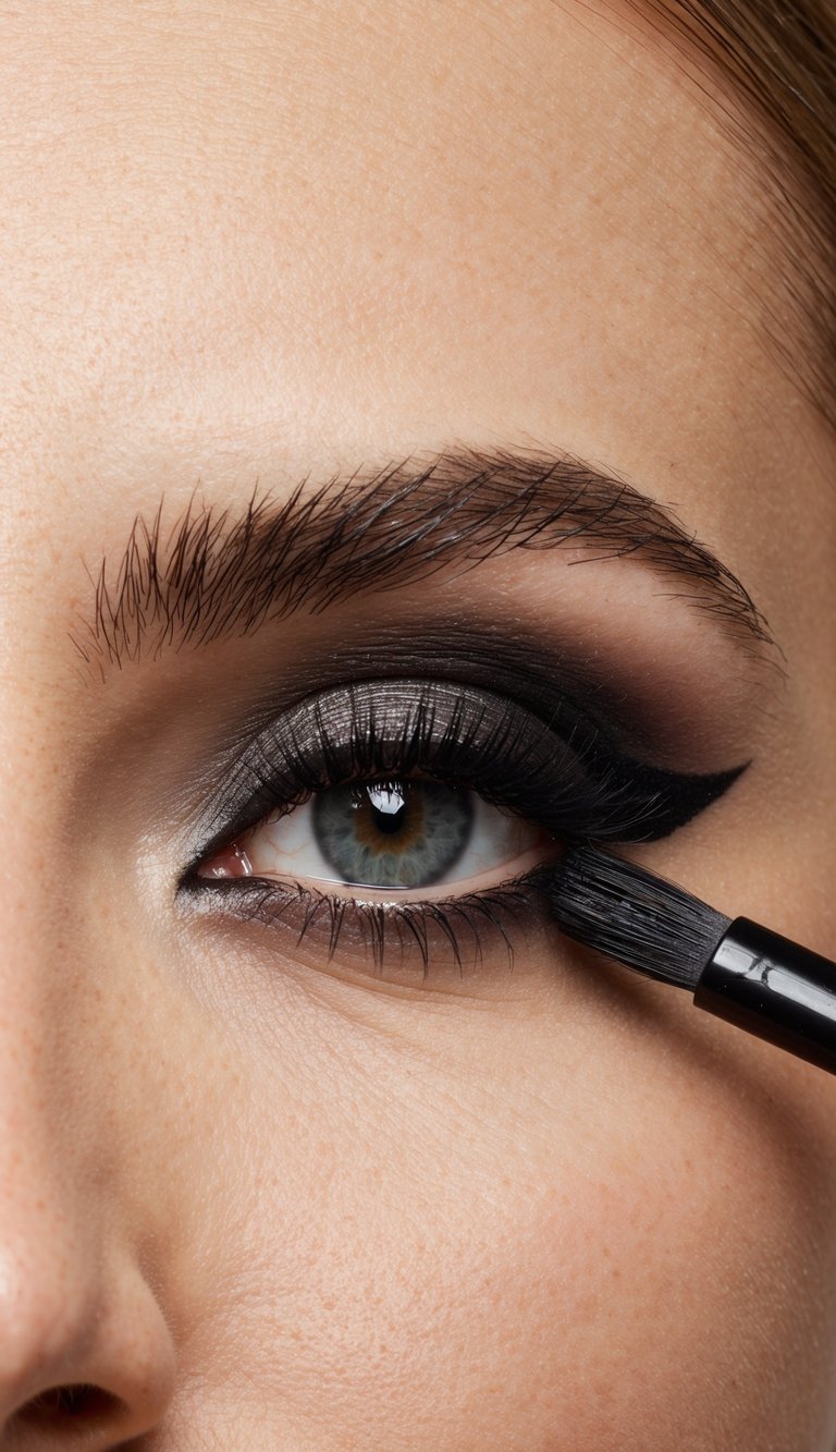 A hand holding a brush blends eyeliner for a smoky effect