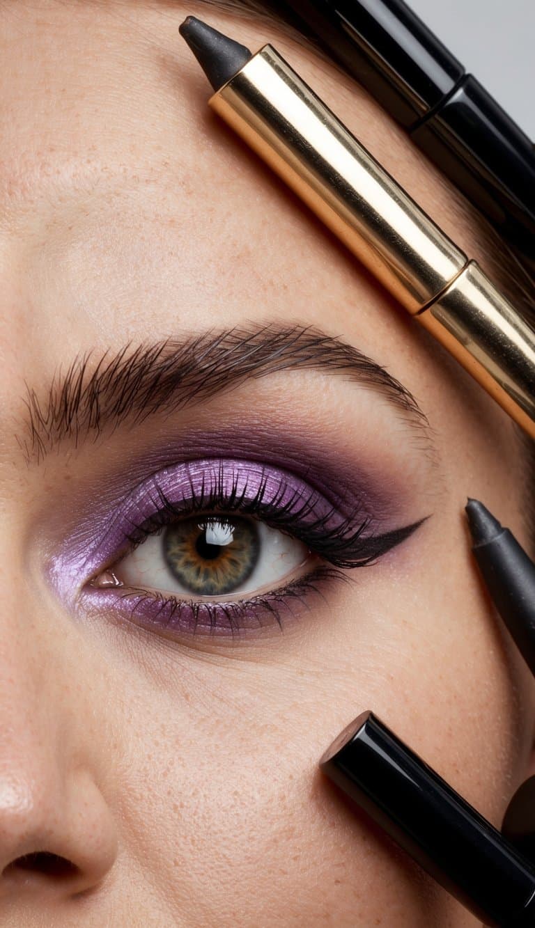 A close-up of an almond-shaped eye with violet shadow and brown liner, surrounded by various makeup tools and products