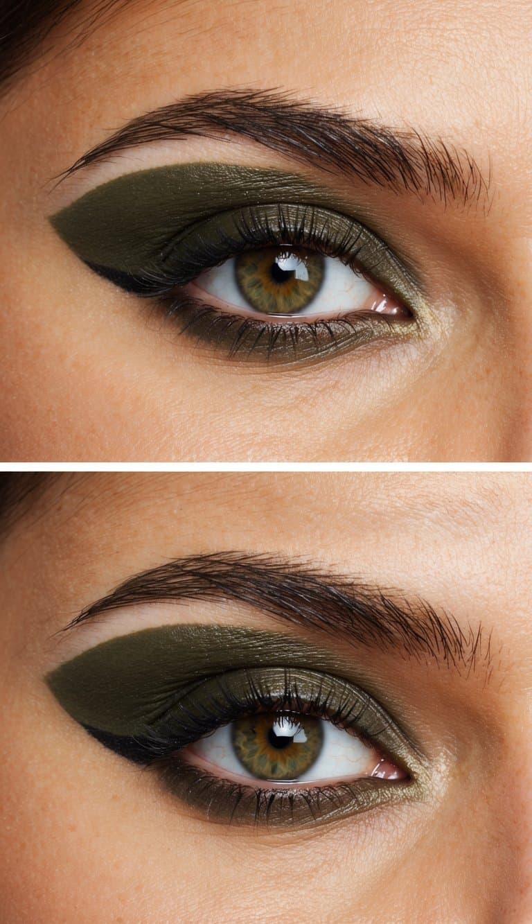 A dark olive green shadow is applied to the outer edge of an almond eye, complementing the classic shape