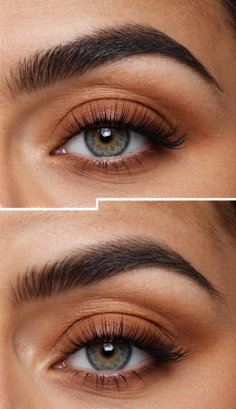 A close-up of almond eye makeup in cinnamon and tan shades