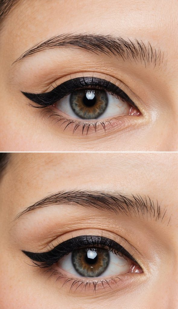 Close-up of a person's eye showing different styles of eyeliner application in two images; the top image has a more subtle, natural look, while the bottom image features a bold cat-eye look.